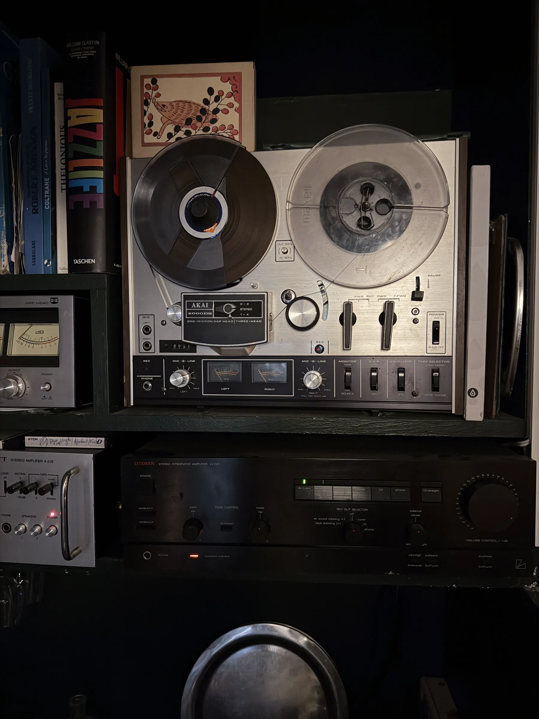 Close up of the reel-to-reel tape machine and amplifier at Mesures, Paris