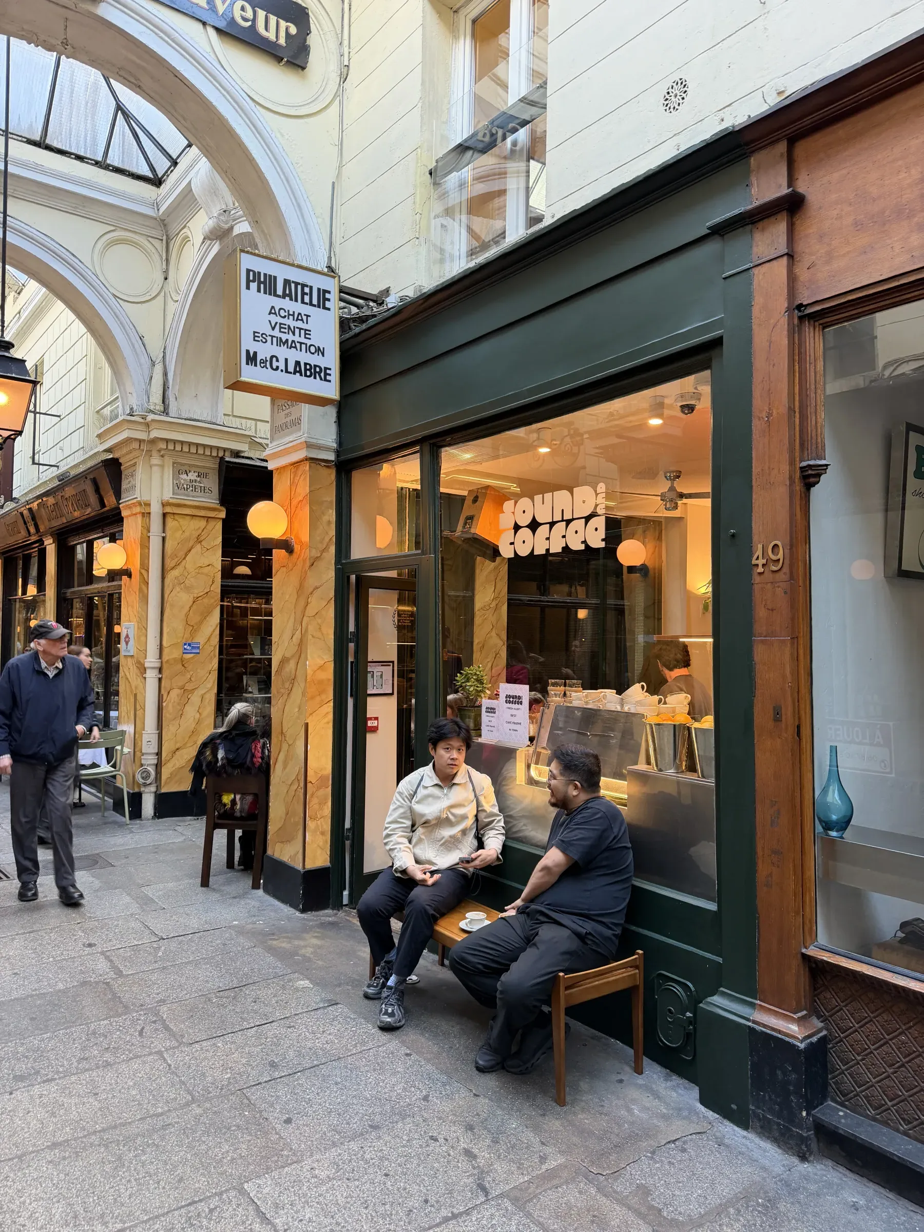 The green shopfront of Sound and Coffee in Passage des Panoramas, Paris